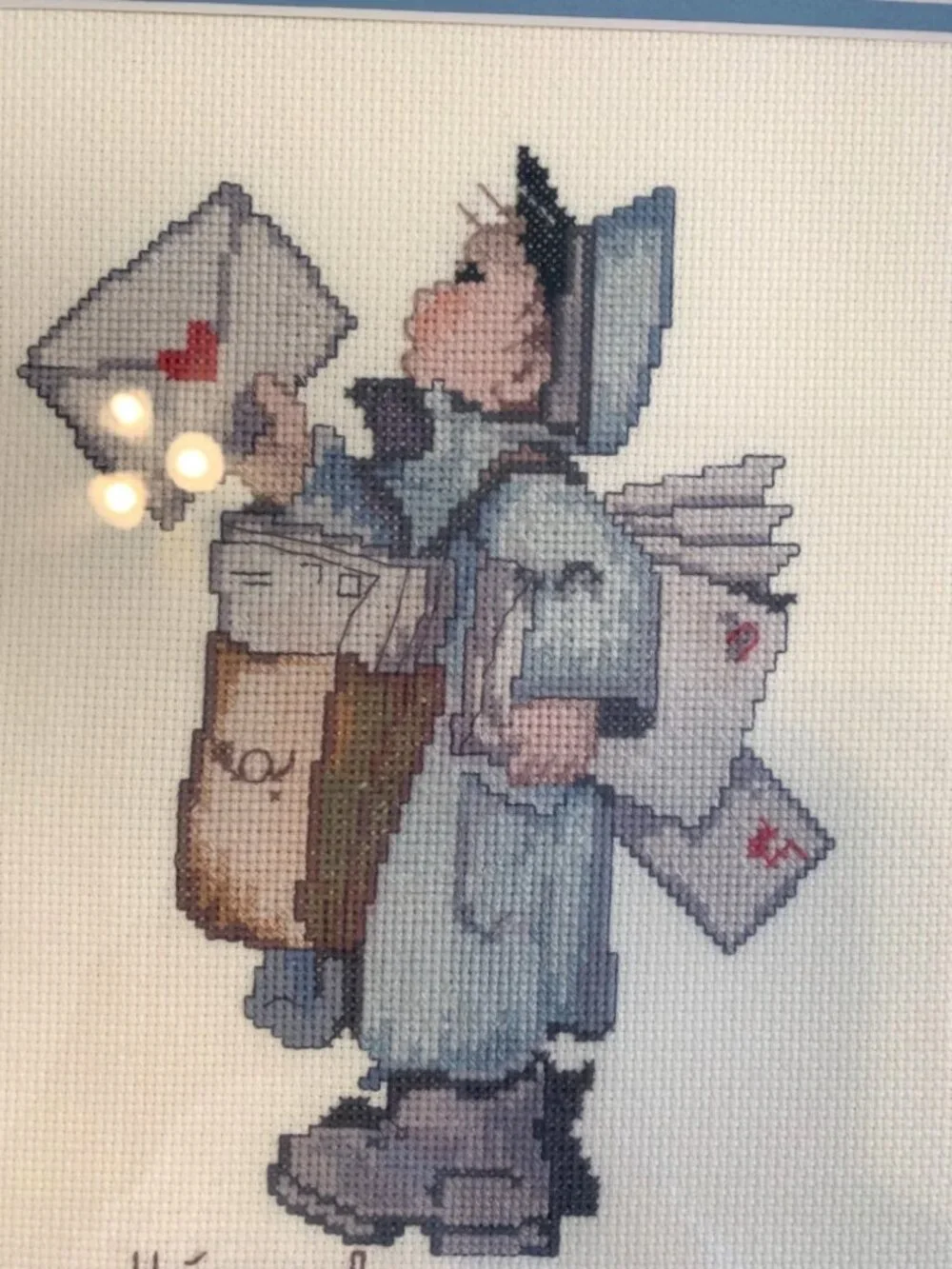 Framed Hummel-Inspired Cross-Stitch Art Of Mail Carrier With Letters 16